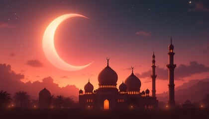 Stunning Crescent Moon over Majestic Mosque at Sunset - Ramadan, Eid, Islam