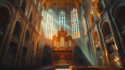 Fototapeta premium Sunbeams Illuminating the Sacred Space: A Cathedral's Majesty