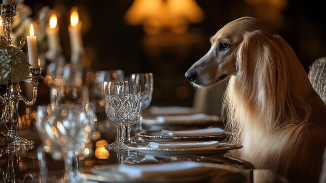 Elegant dog sits at a formal dinner table with candles.