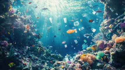 Obraz premium A vibrant coral reef marred by floating trash, with fish swimming near plastic waste