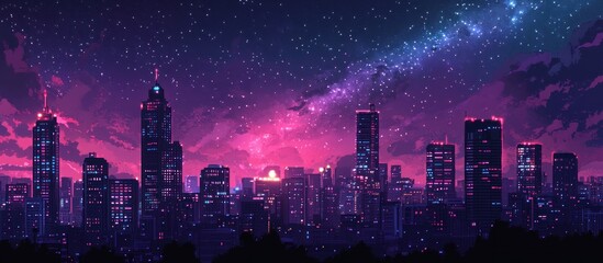 Naklejka premium Pixel art cityscape at night with pink and purple sky, stars, and milky way.