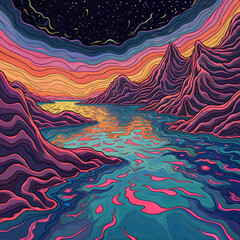 Abstract psychedelic composition with colored waves creating a sense of depth and movement dominate.