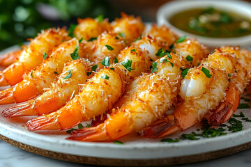 Crispy coconut shrimp appetizer served on a plate with a side of green sauce.