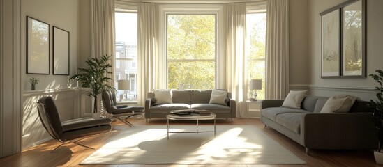 Sunlit living room with bay window, sofas, armchair, and rug.