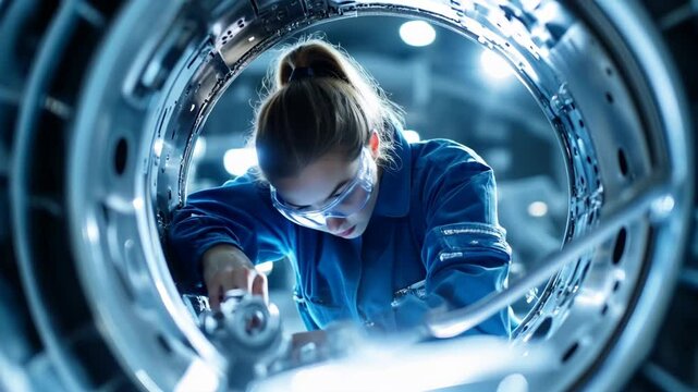 Skilled Female Aircraft Engineer Assembling Complex Machinery in a Modern Aerospace Manufacturing Factory