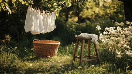 A wooden stool with a basket placed next to a clothesline of fresh white laundry, evoking tranquility in a garden setting.