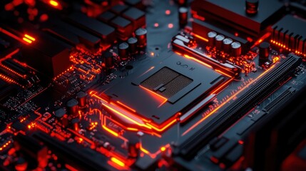 Obraz premium Close-up of illuminated computer motherboard with CPU.