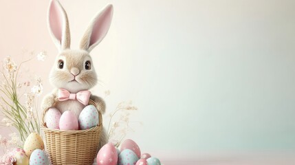 Adorable Easter banner featuring a bunny carrying a basket of pastel eggs, set against a pastel gradient.