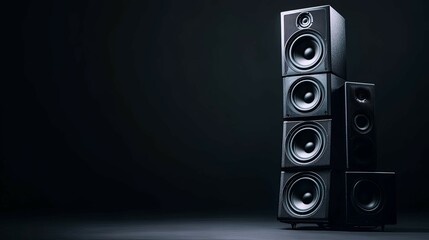 Sleek Black Speakers Stacked: A Dramatic Audio Setup