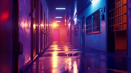 Fototapeta premium Inside a prison corridor at night, illuminated cells with lights on and a wet floor. 3D rendering of a dimly lit and eerie environment, reflecting the atmosphere of correctional facility at nighttime