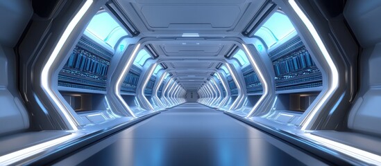 Obraz premium Futuristic spaceship corridor with blue lighting and sleek design.