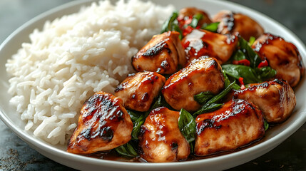 Delicious glazed chicken with spinach and steamed rice on a plate.