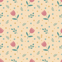 Seamless spring pattern with tulips, yellow daisies  and green twigs on a yellow background