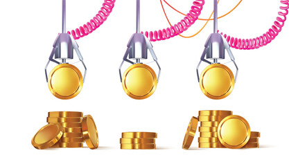 3d crane machine, claw machine, slot machine. Raises gold coins. Winning money. Coin front view. Realistic design. Vector illustration