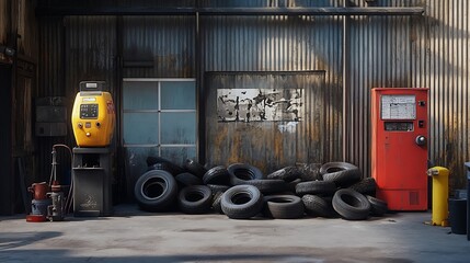 Old Worn Tire Shop Garage With Machines And Tires