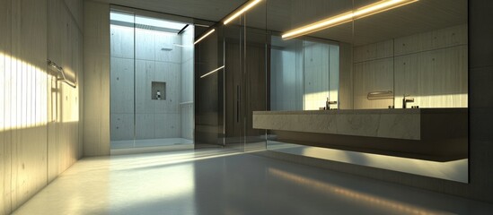 Modern minimalist bathroom with concrete walls, glass shower, and floating vanity.