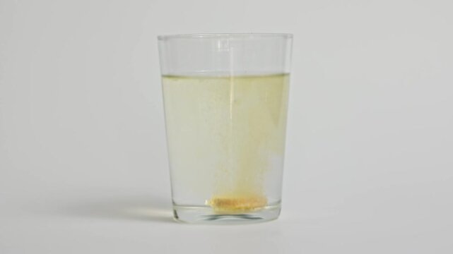 Effervescent tablet dissolves with bubbles in pure water isolated white background.