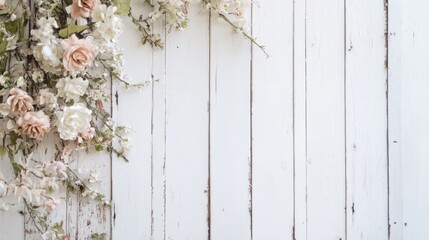 Fototapeta premium Peach and white roses cascading on rustic white wood background.