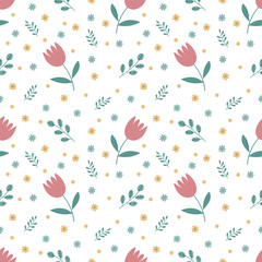 Fototapeta premium Seamless spring pattern with tulips, yellow daisies and green twigs on a white background