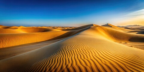 Naklejka premium Serene Minimalist Golden Desert Landscape with Endless Horizons and Soft Sand Dunes, Perfect for Tranquil Backgrounds and Nature Inspired Designs