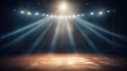 Dramatic Stage Lighting with Spotlight Beams Illuminating a Theatrical Background for Performance and Artistic Presentation