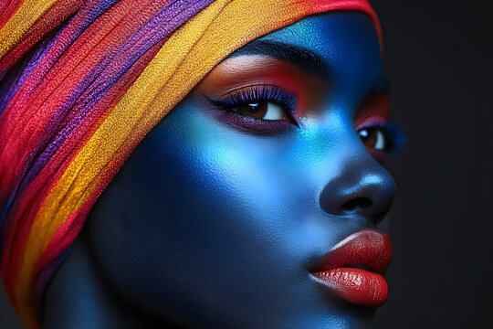 Vibrant portrait of African woman with colorful face paint and a striking head wrap highlighting beauty and creativity in artistic expression