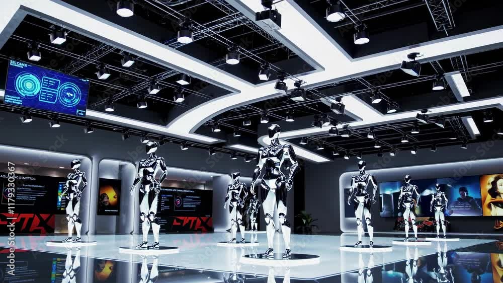 Leinwandbilder advanced robotics showcase featuring humanoid designs and interactive displays in a modern exhibitio