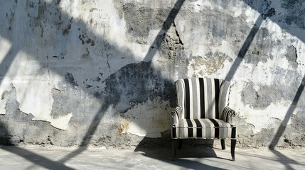 Artistic interplay of shadows and light: striped chair shadow patterns on a cracked grey and white wall with room for text