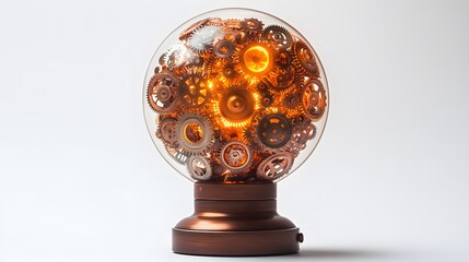 Steampunk light bulb concept integrates metallic gears and cogs with warm orange glow, featuring mechanical innovation design against white background.