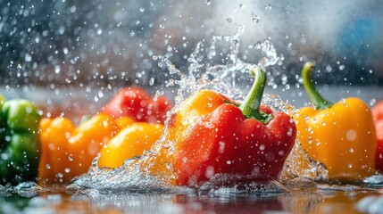 A close-up of vibrant red, yellow, and green bell peppers being splashed with water.