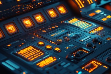 Obraz premium Futuristic control panel with glowing orange and blue digital displays and buttons.
