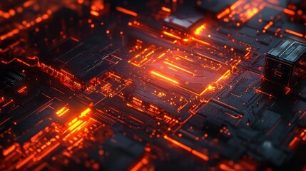 Obraz premium Glowing orange circuits and technology motherboard.