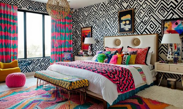 Vibrant, colorful bedroom with bold patterns and decor.