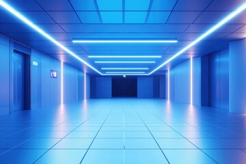 Futuristic blue neon-lit hallway interior.
