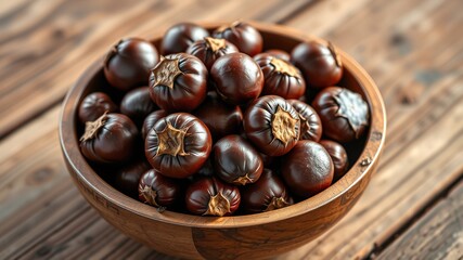 Obraz premium Freshly Harvested Chestnuts in Wooden Bowl - Rustic Table - High Definition