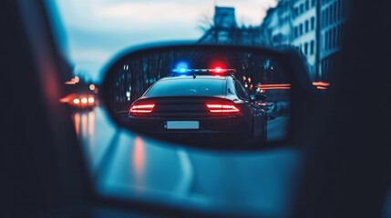 Obraz premium View from the passenger seat rearview mirror showing a vehicle being pulled over by a police car, capturing a moment of a traffic stop, law enforcement intervention, and road safety precautions