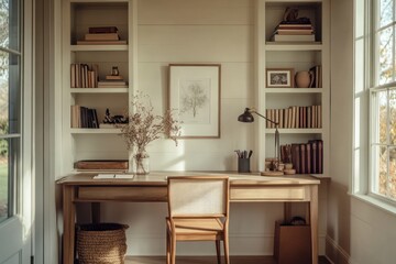Sunlit home office with wooden desk, built-in bookshelves, and natural decor.