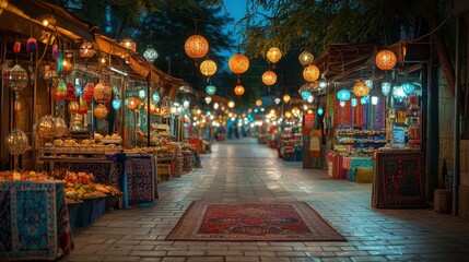 Night market street with colorful lanterns and rugs.