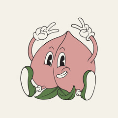 funny peach fruit retro cartoon mascot