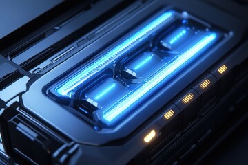 Close-up of a futuristic, glowing blue technological device.