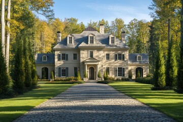 Fototapeta premium A Colonial home with perfect symmetry, surrounded by tall oak trees and a stone driveway