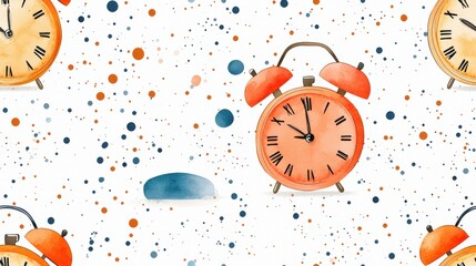 Colorful Pattern of Vintage Alarm Clocks and Abstract Dots on White Background for Creative Projects