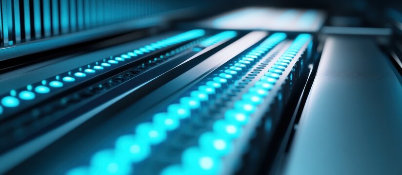 Abstract close-up of illuminated parallel lines in a technological setting.