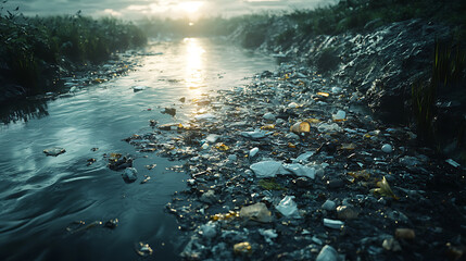 Polluted River: Plastic Debris and Toxic Waste