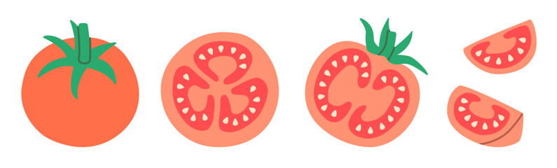 Flat-style illustration of tomatoes in various cuts and angles, including whole, sliced, and quartered. Ideal for food-related designs, recipe visuals, and educational materials.