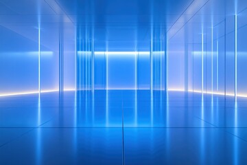 Abstract blue futuristic room with glowing lines and reflective floor.
