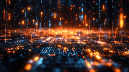 Obraz premium Abstract Digital Data Stream: Cyberpunk Futuristic Technology Background. A mesmerizing digital art piece representing the flow of information in a futuristic network.