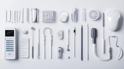 Flat lay of minimalist white dental tools and equipment on a white background.
