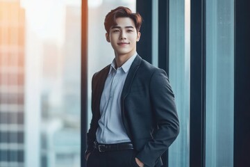 Fototapeta premium Confident young businessman standing near a window in a modern office building.