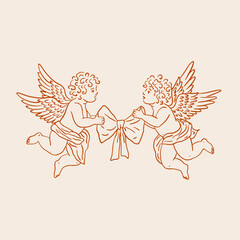 Two cherubs holding a bow. Vintage style.